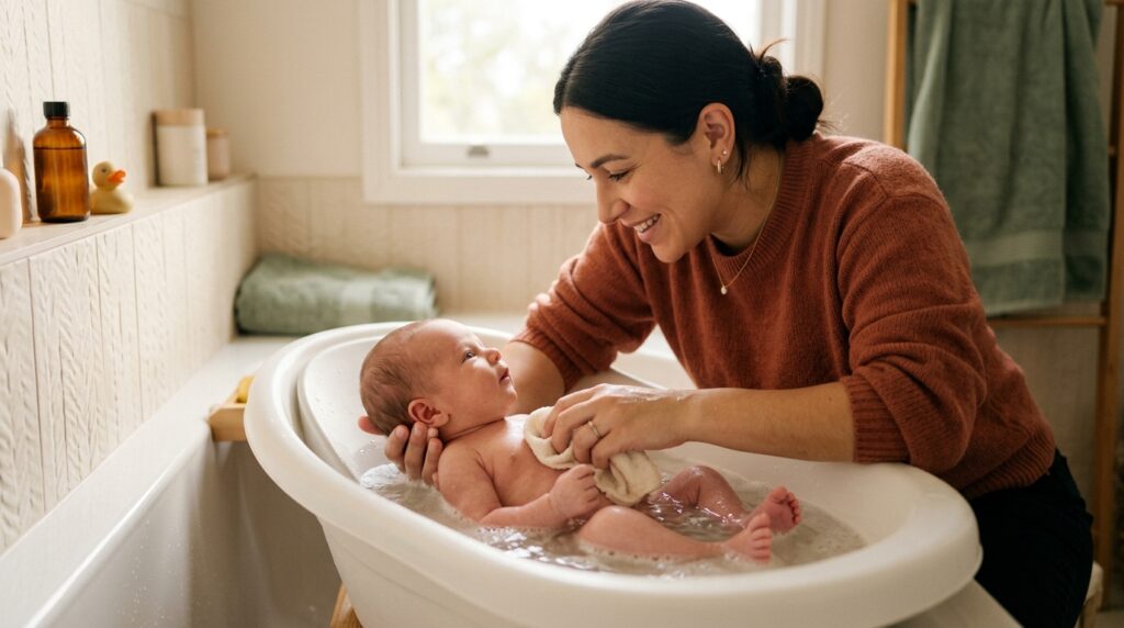 banho do recém nascido em banheira infantil