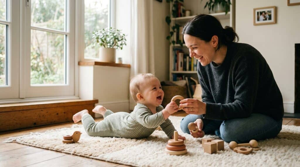 bebê brincando com adulto durante estimulação visual
