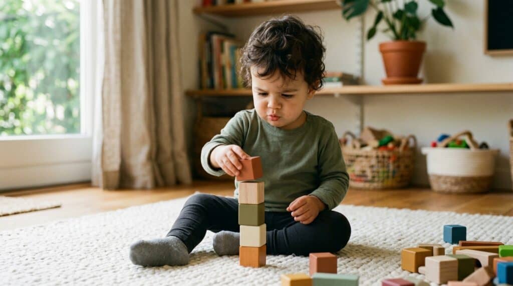 criança pequena empilhando blocos de madeira