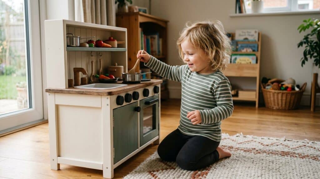 criança pequena brincando de faz de conta com brinquedos
