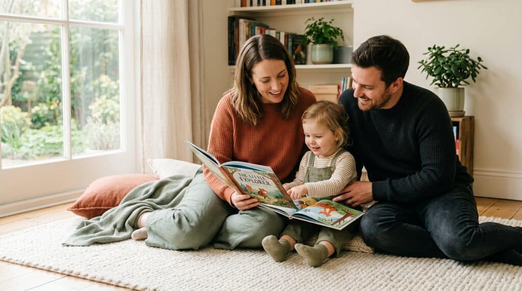 mãe lendo história infantil para filho pequeno em momento de vínculo familiar