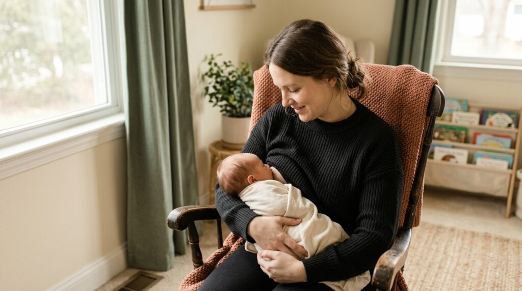 mãe amamentando bebê recém nascido em ambiente tranquilo