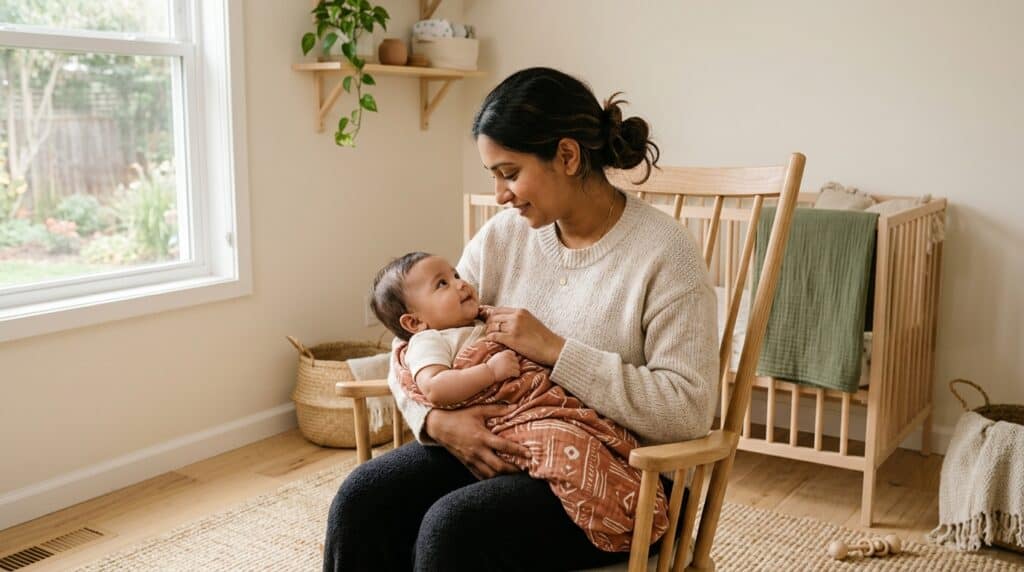 mãe cuidando da rotina matinal do bebê em um ambiente acolhedor